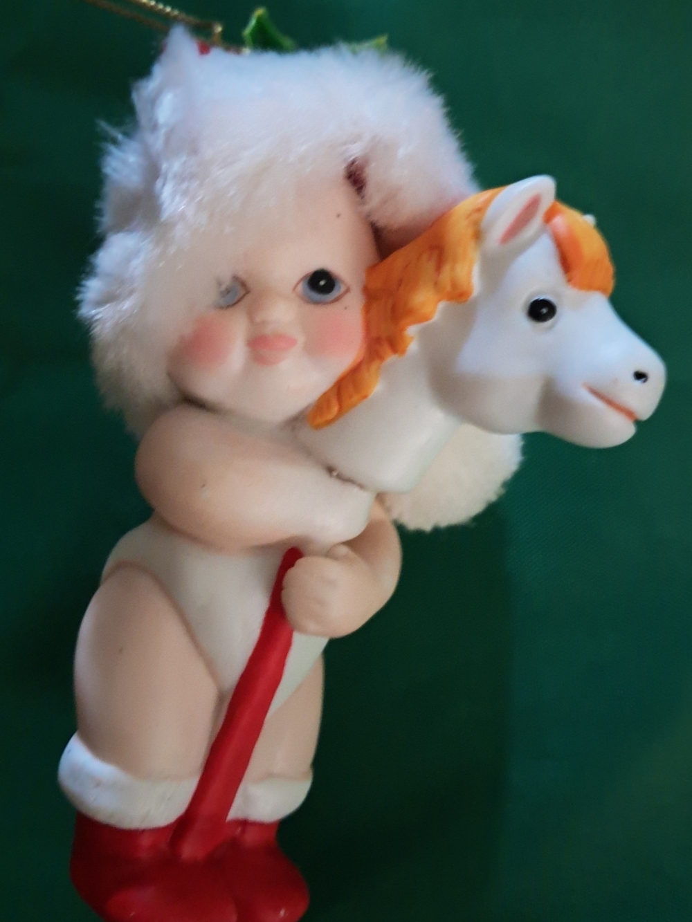 Vintage Cherub Riding White Horse Ornament - White, Red, Orange